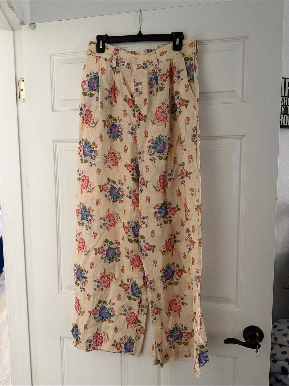 Spell Cream linen Pants with Blue & Pink Floral Print